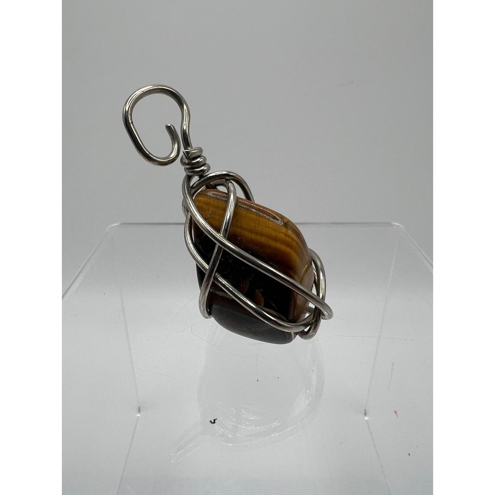 Tiger's Eye Wire Wrapped Pendant Boho Spiritual Minimalist Brown Stone Silver